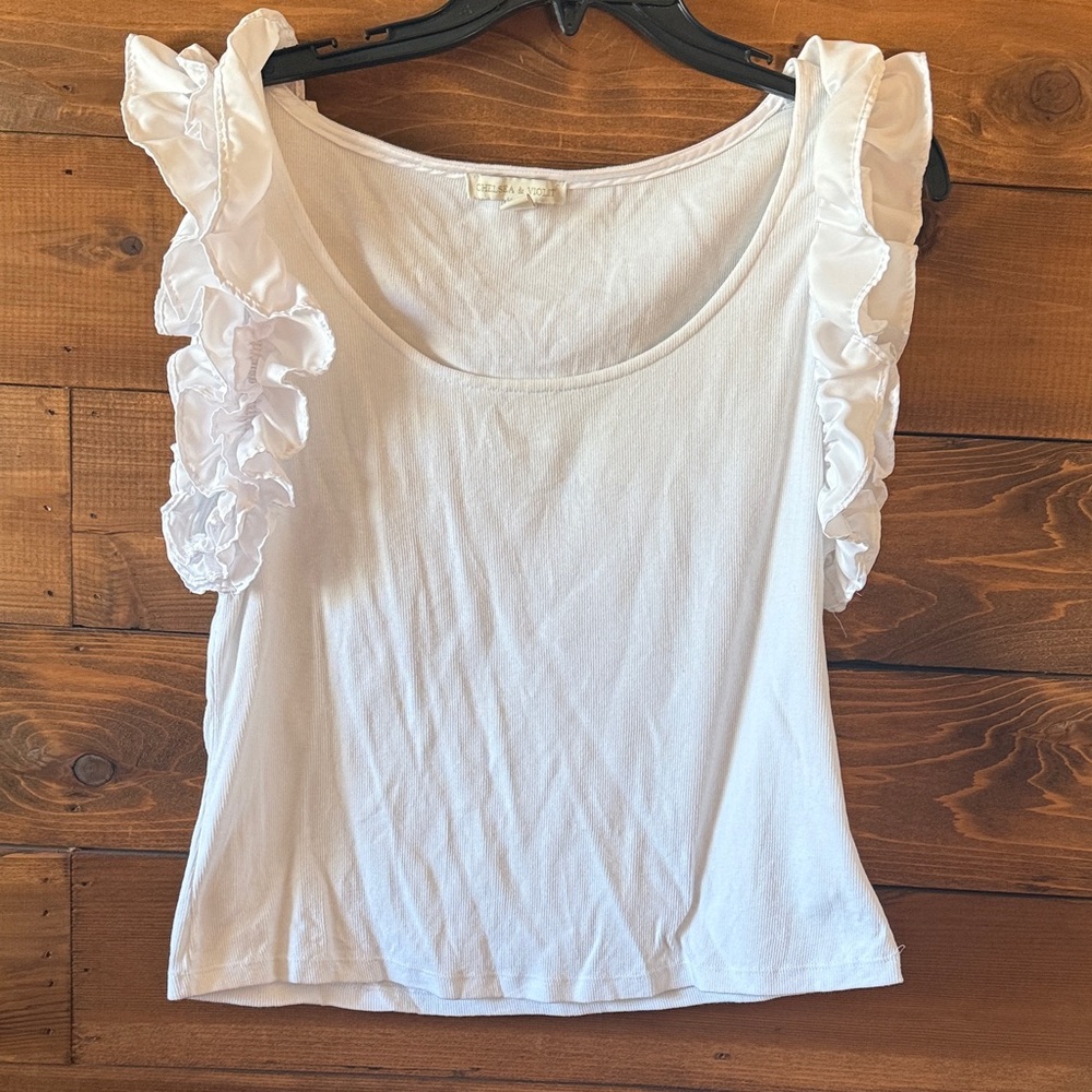 Chelsea & Violet White Ruffle Shoulder Tank